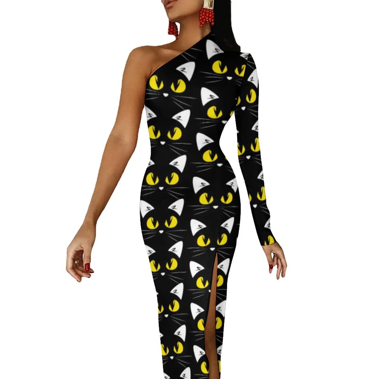 

Funny Halloween Maxi Dress One Shoulder Black Cats Print Streetwear Bodycon Dresses Spring High Slit Sexy Dress Woman Clothing