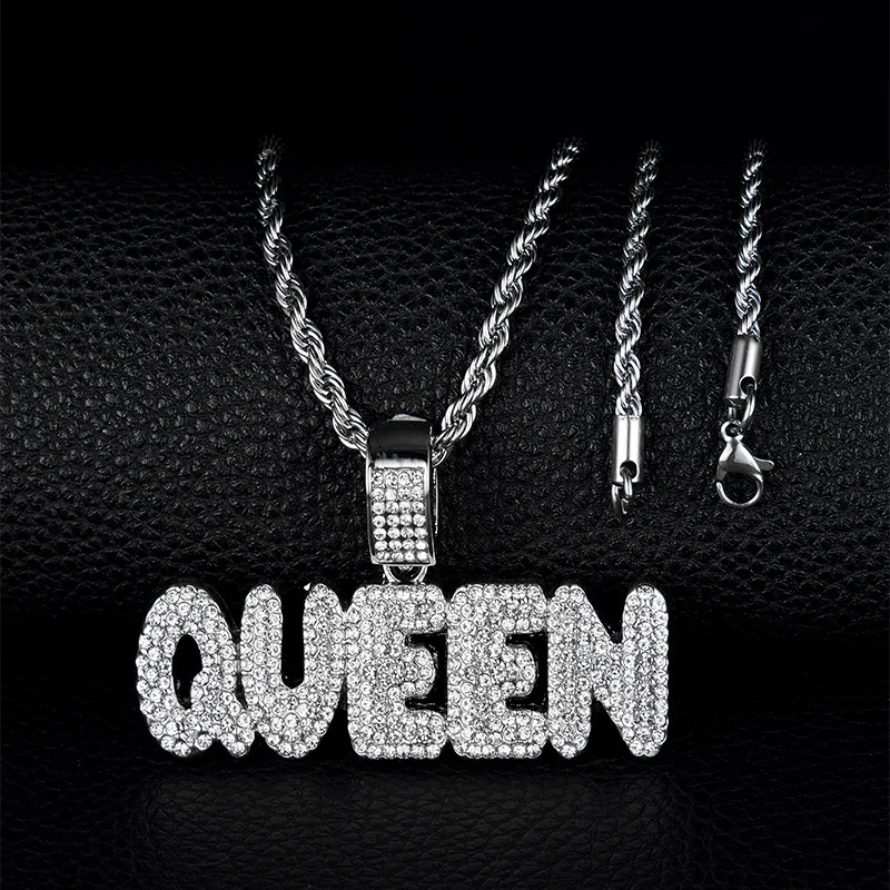 

Men Women Hip Hop KING QUEEN Letter Pendant Necklace with 13mm Miami Cuban Chain Iced Out Bling HipHop Necklaces Fashion Jewelry