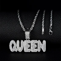men women hip hop king queen letter pendant necklace with 13mm miami cuban chain iced out bling hiphop necklaces fashion jewelry