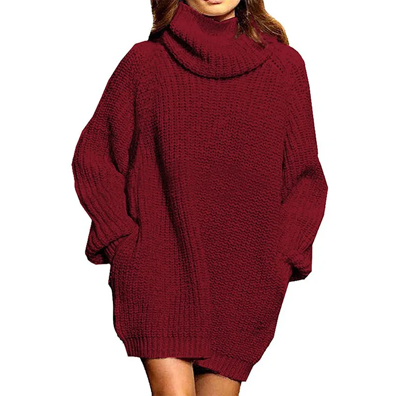 

2023 oversized long sleeve turtleneck knitted sweater for women Solid white pullover Casual double pocket sweater dress