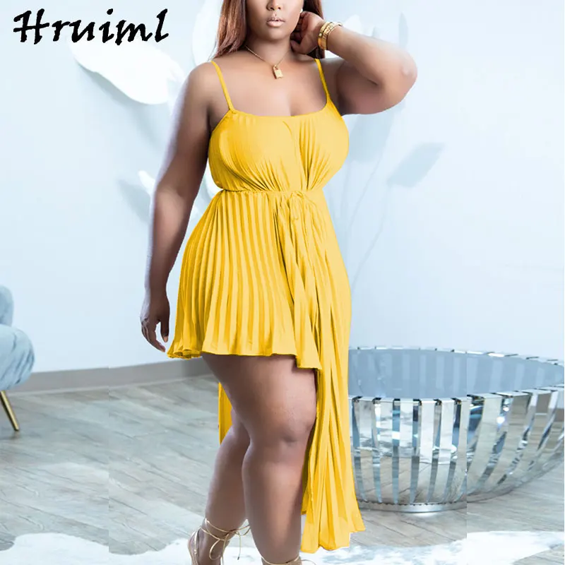 

Fashion Pleated Dresses for Women Summer Spaghetti Strap Irregular Sleeveless Maxi Dress Solid Sexy Loose Ladies Sundress 2022