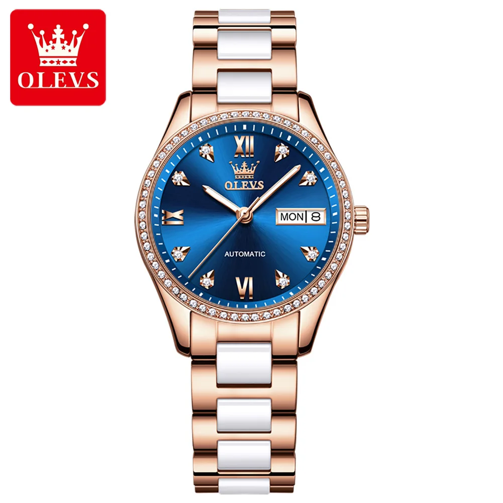 

OLEVS Fashion Diamond Ceramic Automatic Mechanical Watch Ladies Clock Day Date Display Waterproof Ladies Watch