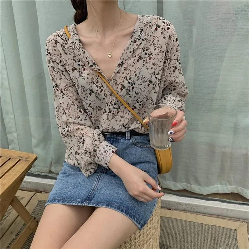

Print Chiffon Blouses Chic Women's T-Shirt Long Sleeve Design Aesthetic Loose Casual Black Urbane 2022 New
