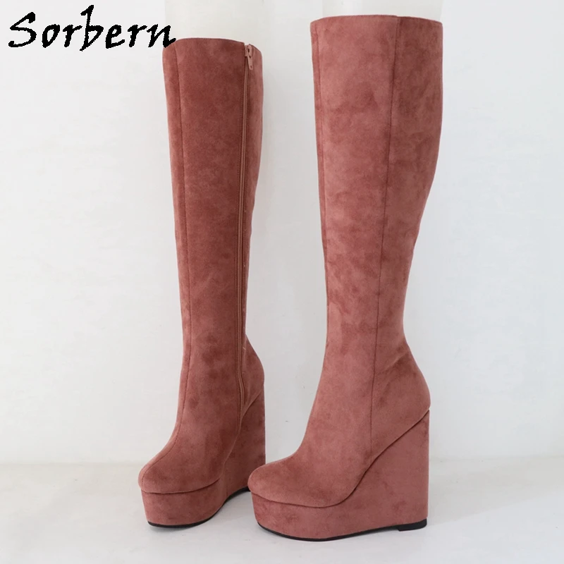 Sorbern Light Brown Knee High Boots Women Small Size Eu33 Wedges High Heel Platform Shoes Fetish Unisex Custom Colors