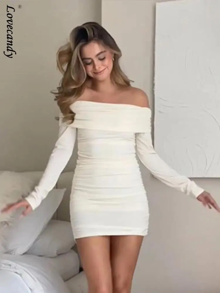 

Женское элегантное облегающее мини-платье с рюшами и открытыми плечами, женское Модное Новое Плиссированное вечернее платье с открытой спиной и длинным рукавом