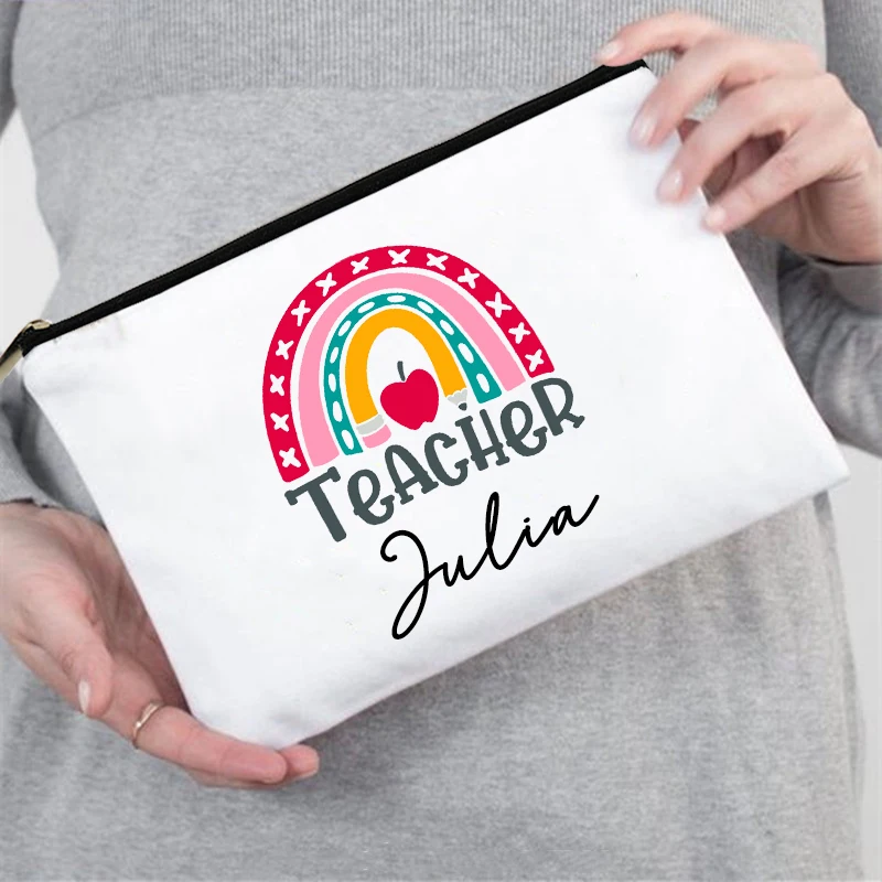

Custom Name Rainbow Teacher Print Pencil Case Stationery Supplies Storage Bags Travel Wash Pouch Makeup Bag Back To School Gifts
