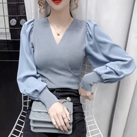 wkfyy women elegant ol soft knitted chiffon spliced puff sleeve v neck pullover slim elastic blouse shirt tops b4030