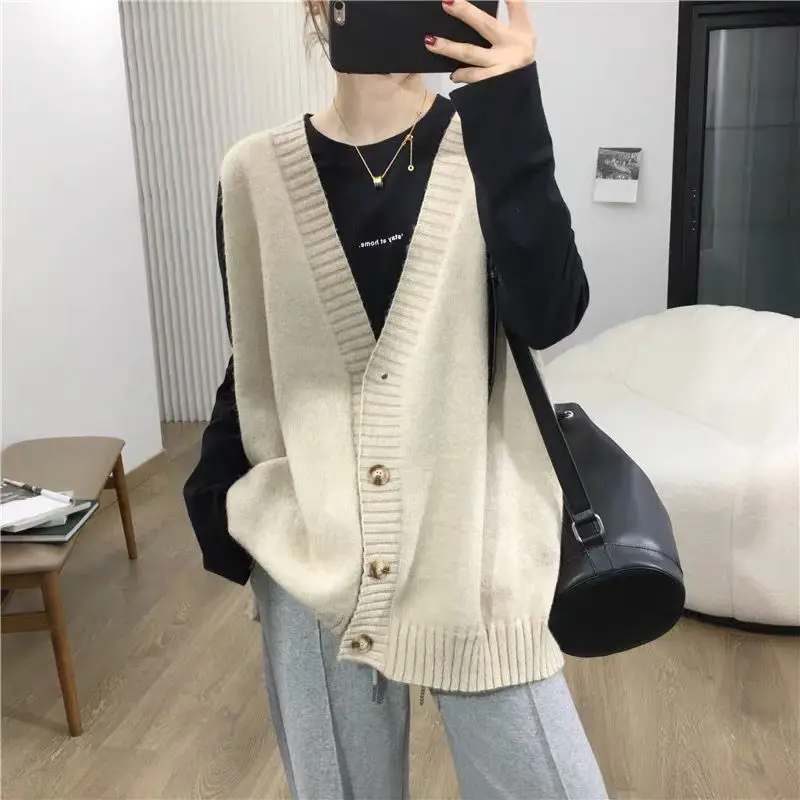 

2023 Women Sweater Spring Autumn New Korean Women's V-neck Knit Cardigan Single-breasted Vest Pullover Sleeveless Waistcoat E878
