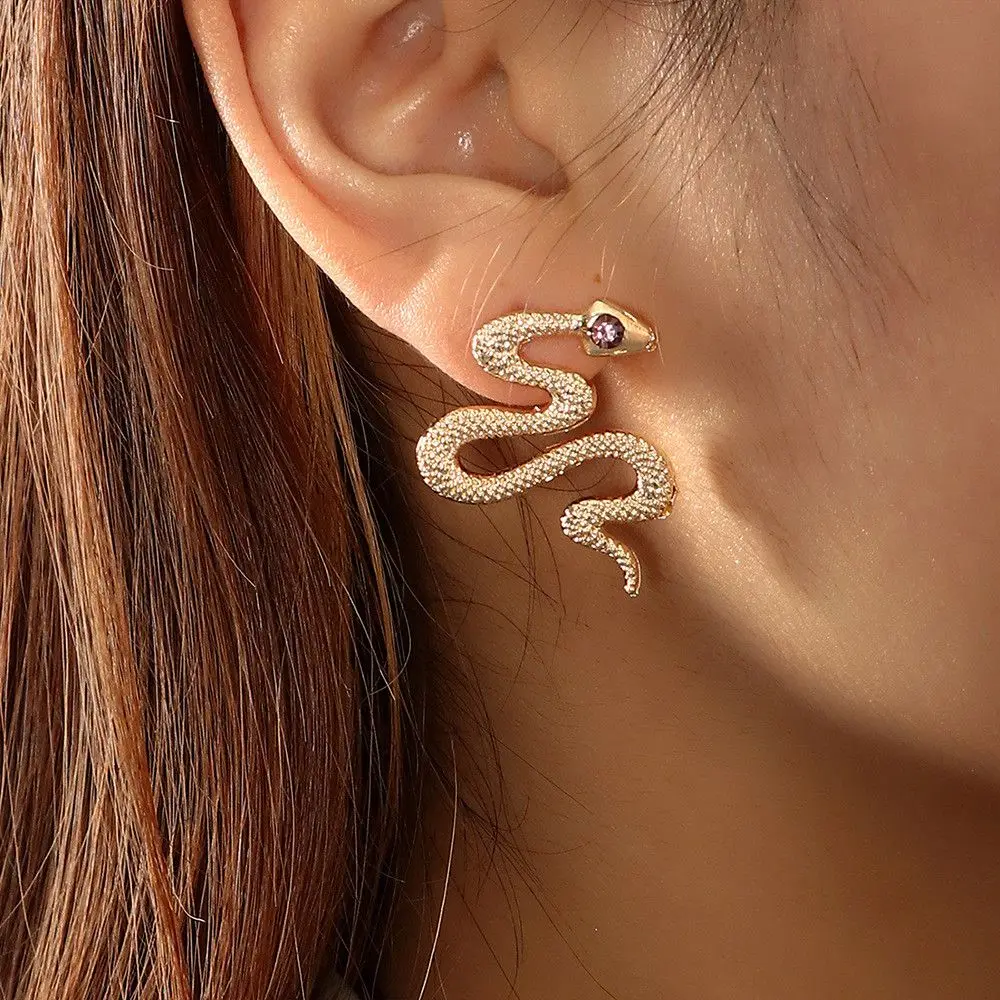 

2pcs Hip Hop Vintage Relief Earring Gold Color Punk Earring Rhinestone Snake