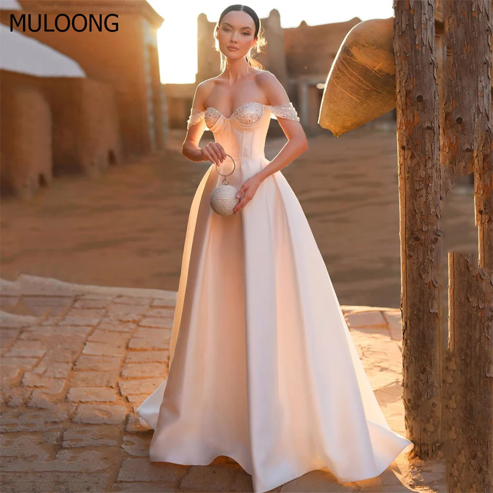 

Платье MULOONG женское ТРАПЕЦИЕВИДНОЕ с открытыми плечами, Элегантное свадебное платье без рукавов, с блестками, до пола, со шлейфом, белое