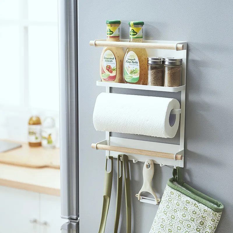 Magnetic Fridge Organizer Spice Rack with Paper Towel Holder & 6 Extra Hooks,Magnet Refrigerator Shelf in Kitchen Holds