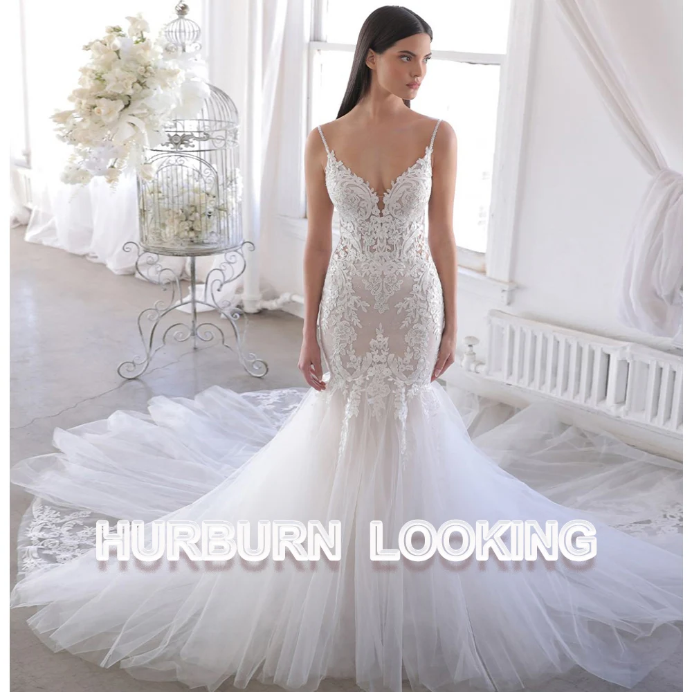 

HERBURN Goddess Wedding Dresses Mermaid Tulle Sweetheart Button Hot Selling Spaghetti Straps 2023 Robe De Mariée Engagement Plus