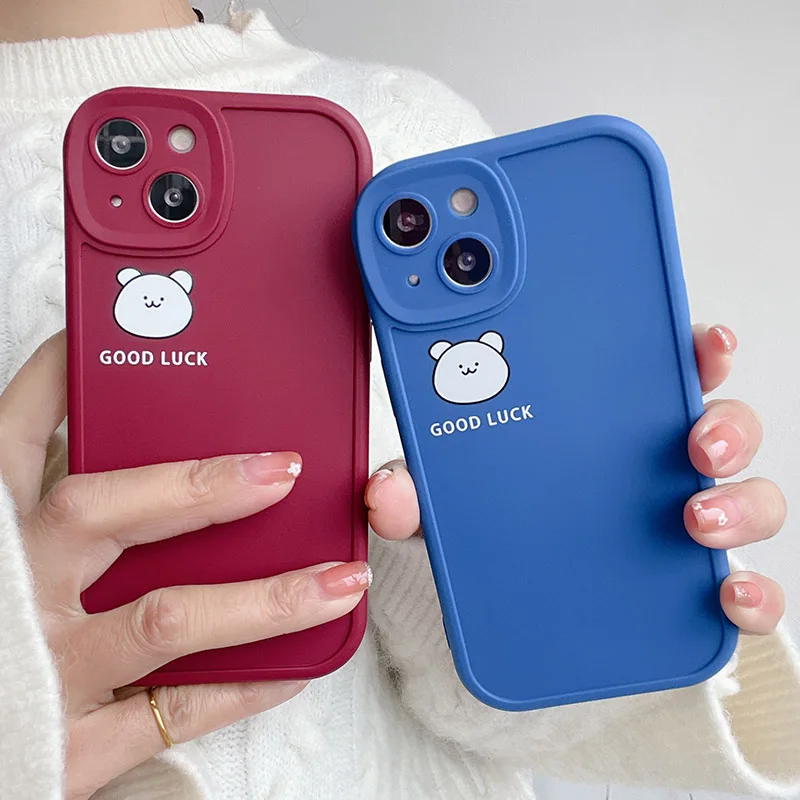 

Cute Good Luck Bear Phone Case For iPhone 11 13 12 Pro Max XS X XR Soft Wine Red Blue Back Cover Bumper Capa
