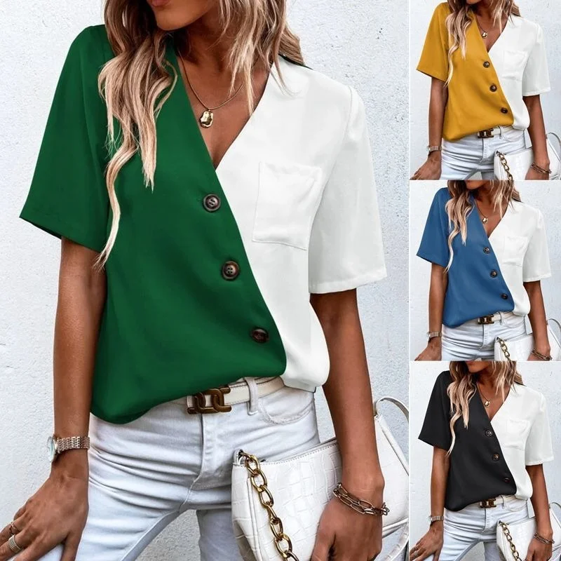 

Casual V Neck Pocket Clothes Autumn Casual Women Tee Shirts Short Sleeve Blouse Scarf Print Colorblock Patchwork Button-up Top