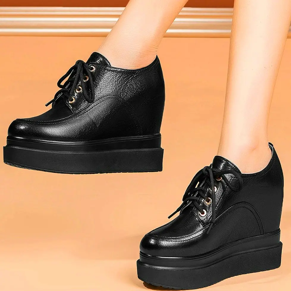 Punk Goth Hidden Wedge Ankle Boots Women's Lace Up Genuine Leather Round Toe High Heels Thick Sole Creeper Shoe Punk Goth