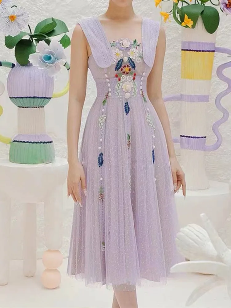 

Новинка лета 2023, женское платье в стиле знаменитостей, одежда сетчатая с вышивкой цветы платье без рукавов с высокой талией, плиссированное ...