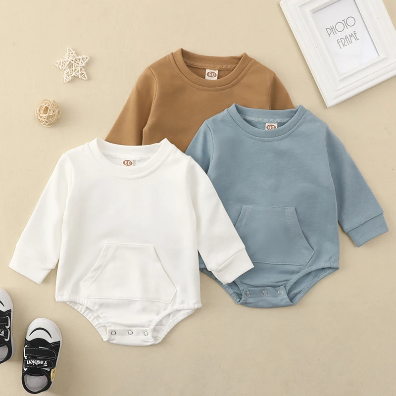 

Spring Fall Infant Baby Cotton Romper Long Sleeve Crew Neck Solid Color Front Pocket Bodysuit Baby Rompers