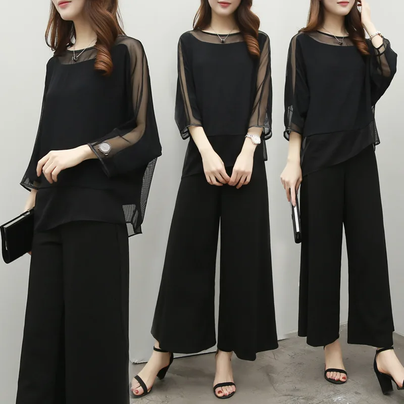 

Hot spot 2022 Summer Korean fashion temperament socialite two-piece jacket wide leg pants Chiffon suit female fashion