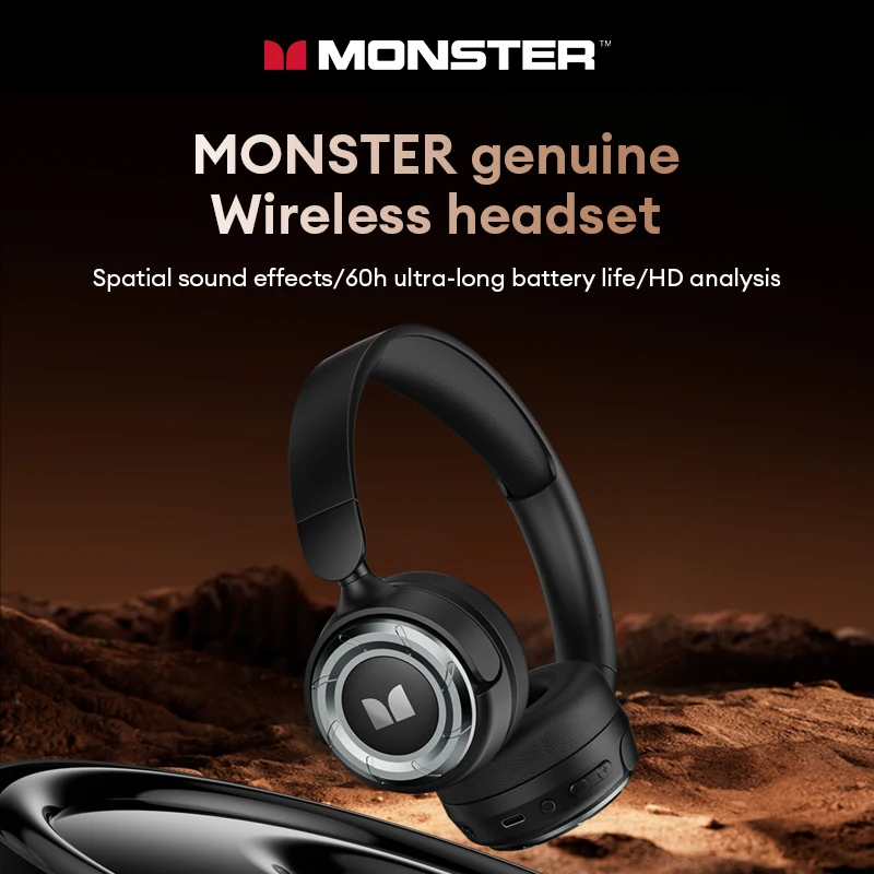 Фото Новые беспроводные наушники Monster MQH08 Bluetooth 5.4, 60 часов, длительный срок службы батареи, игровая гарнитура с шумоподавлением и микрофоном, 40 мм №1
