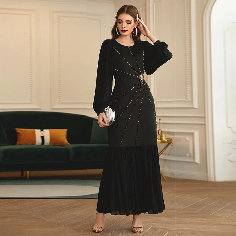 Handmade Embroidered Crystal Maxi Dress Women Muslim Gorgeous Black Bishop Sleeve Stretchy Morocco Party Gown Eid Clothing Islam