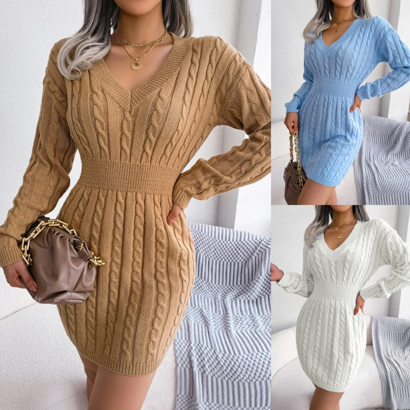 

Fashion Twist Knit Sweater Dress for Women Autumn Dresses 2022 New Winter V-neck Full Sleeve Waist Pack Hip Mini Dress