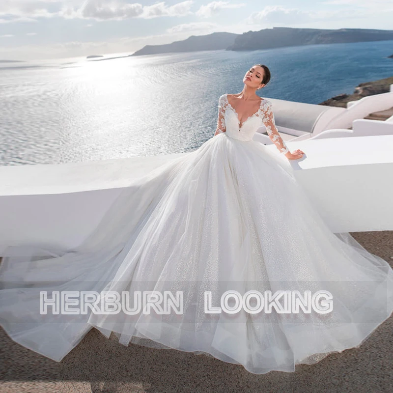 

HERBURNL Princess Tulle V-neck Simple Wedding Dresses 2022 Floor-length Backless Customized Lace Apliques Vestido Robe De Mariée
