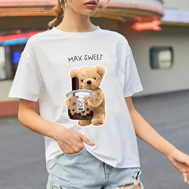 

Milky Tea Bear Print Shirt 90s Cute Tees Women Short Sleeve Cotton Oversized Summer Clothes Tops Student Fashion Graphic T-shirt