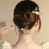 for girls pearl zircon tassel fishtail crystal hair clip women hair sticks korean hanfu hairpins chinese hair fork