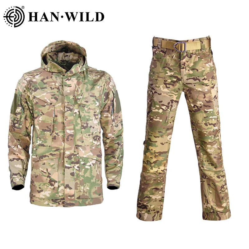 

HAN WILD Men Combat Jacket Army Camo Uniform Tactical Cargo Pants Safari Sport Tops Multicam Suit Airsoft Hiking Clothes Outfit