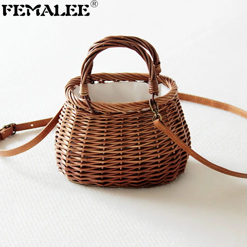 

FEMALEE Barrel-Shaped Knitting Rattan Bags Handmade Japan Style Beach Straw Totes Women Summer Crossbody Basket Wicker Handbag