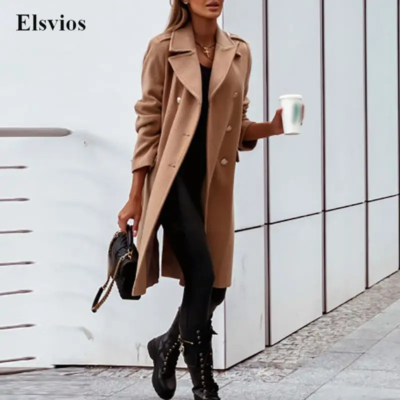 

Модные свободные пальто с отложным воротником и длинным рукавом, повседневная двубортная женская верхняя одежда, элегантное офисное женск...