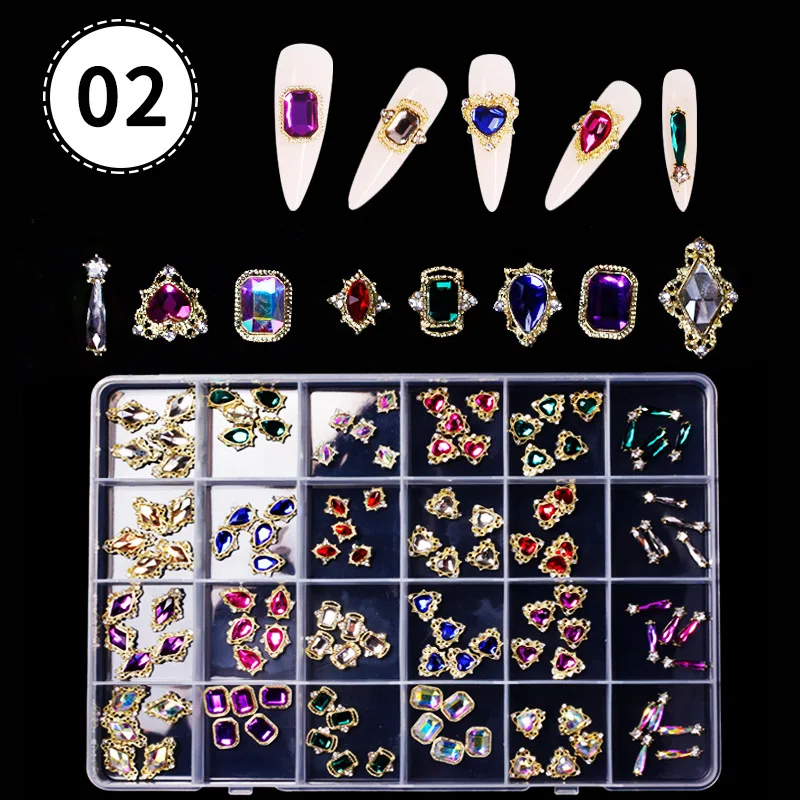 24Grid/Box Germ Nail Accessories Heart,Rhombus,Drop Shaped Rhinestones Nail DIY Luxury Designer Charm For Press On Nails Artie H