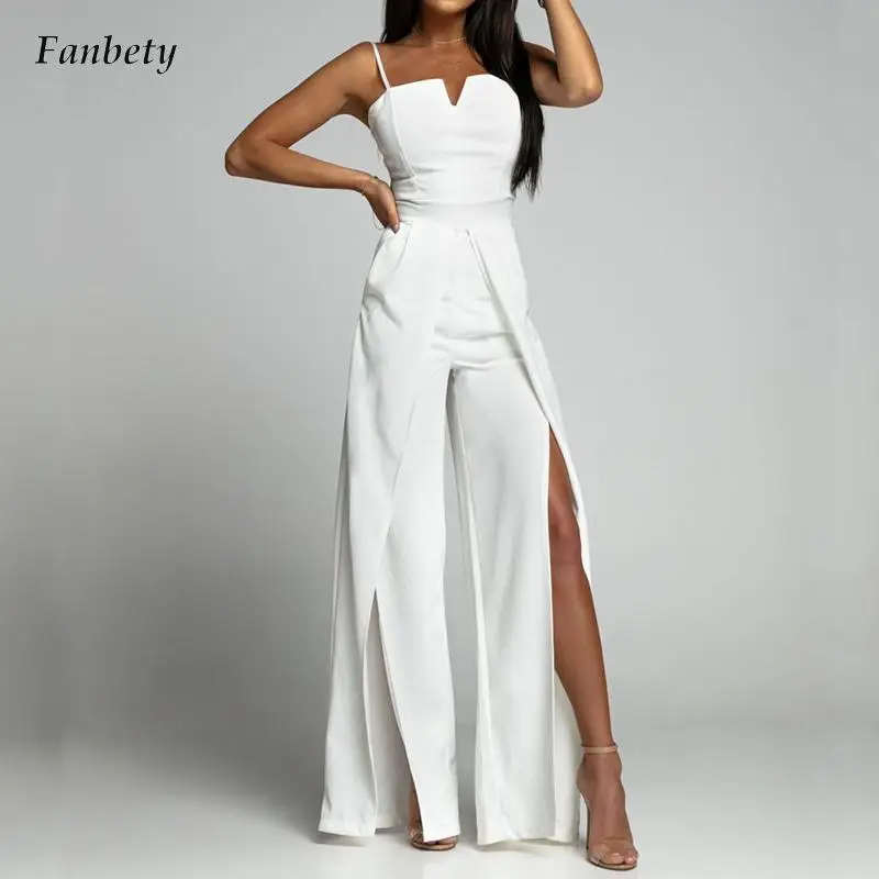 

Women Sexy Off Shoulder Suspenders Jumpsuits Elegant Simple Split Straight Romper Fashion Hight Wiast Solid Bodysuits Playsuits