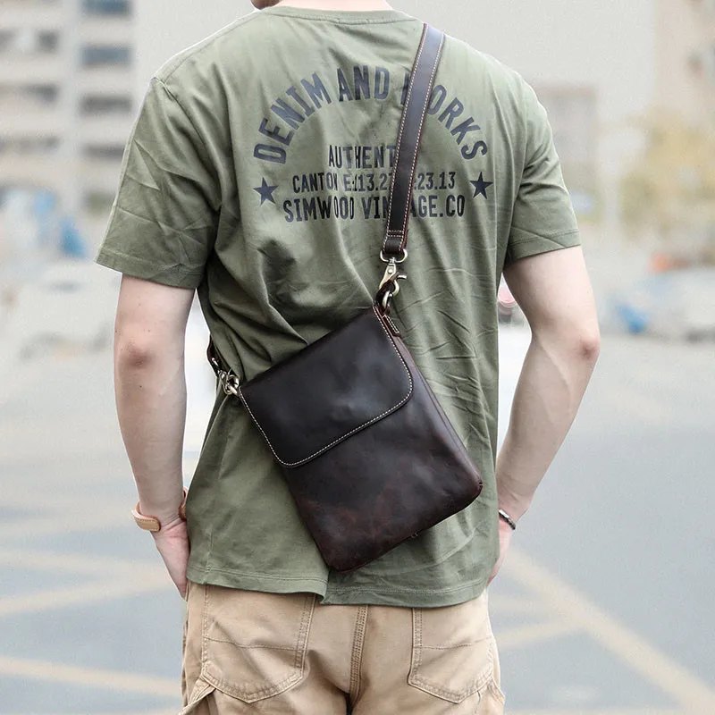 Simple genuine leather men's small messenger bag handmade designer original natural real cowhide youth daily phone shoulder bag