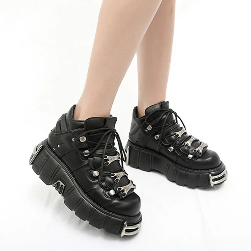 Women's Punk Style Leather Shoes Lace-up Heel Height 6CM Platform Female Gothic Ankle Boots PU Metal Decor Thick Bottom Sneakers