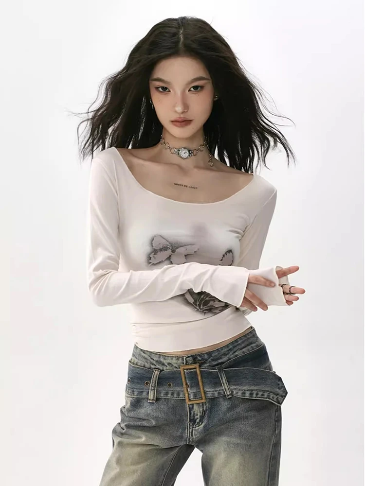 Футболка RORORIRI 90-х в стиле ретро с принтом бабочки длинными рукавами Женская