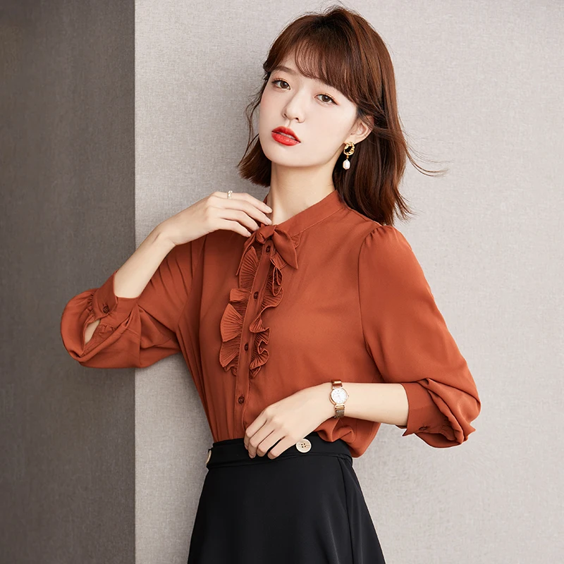 

Solid Women's Shirts Summer 2023 New Chiffon Blouses Loose Vintage Long Sleeves Ruffles Tops O-neck Ladies Clothing YCMYUNYAN