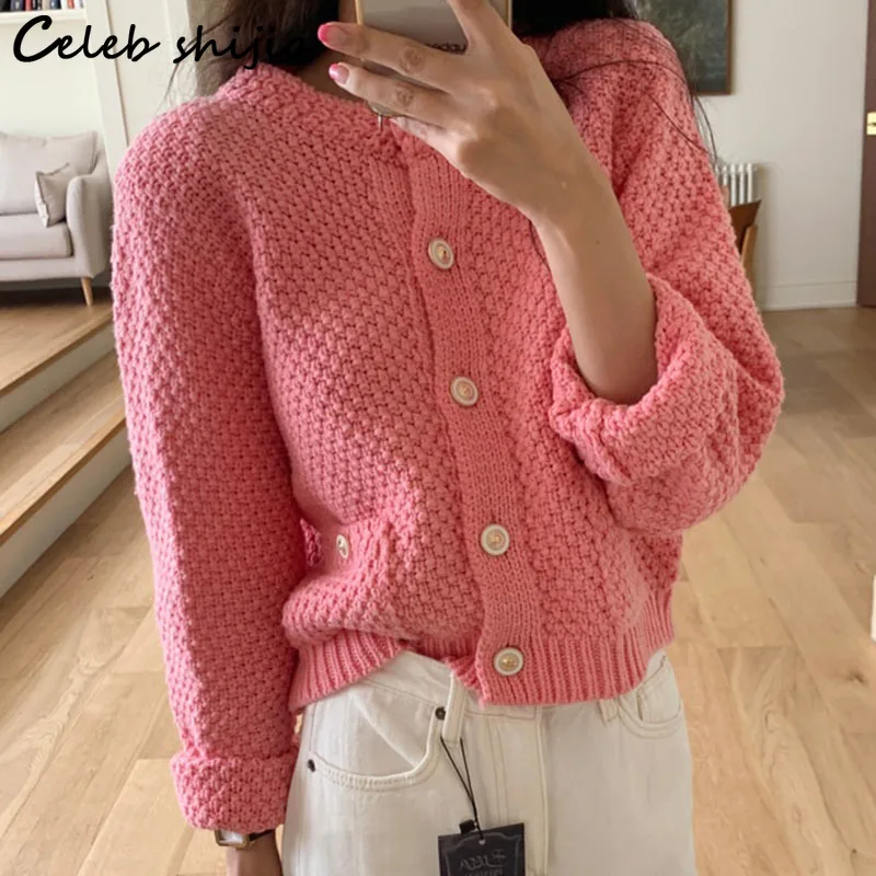 

Chic Pink Single Breasted Sweater Cardigans Woman Fall New Long-sleeve Warm Knit Cropped Cardigan Korean Tops Wool Coat winter