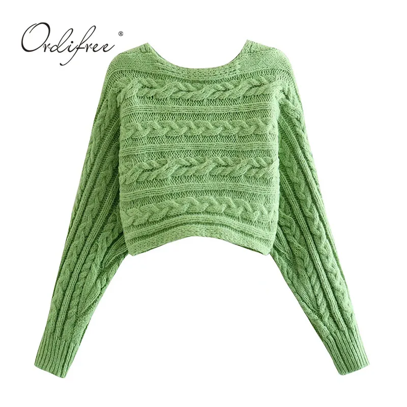 Женский укороченный свитер Ordifree зеленый вязаный пуловер джемпер с перекрестными