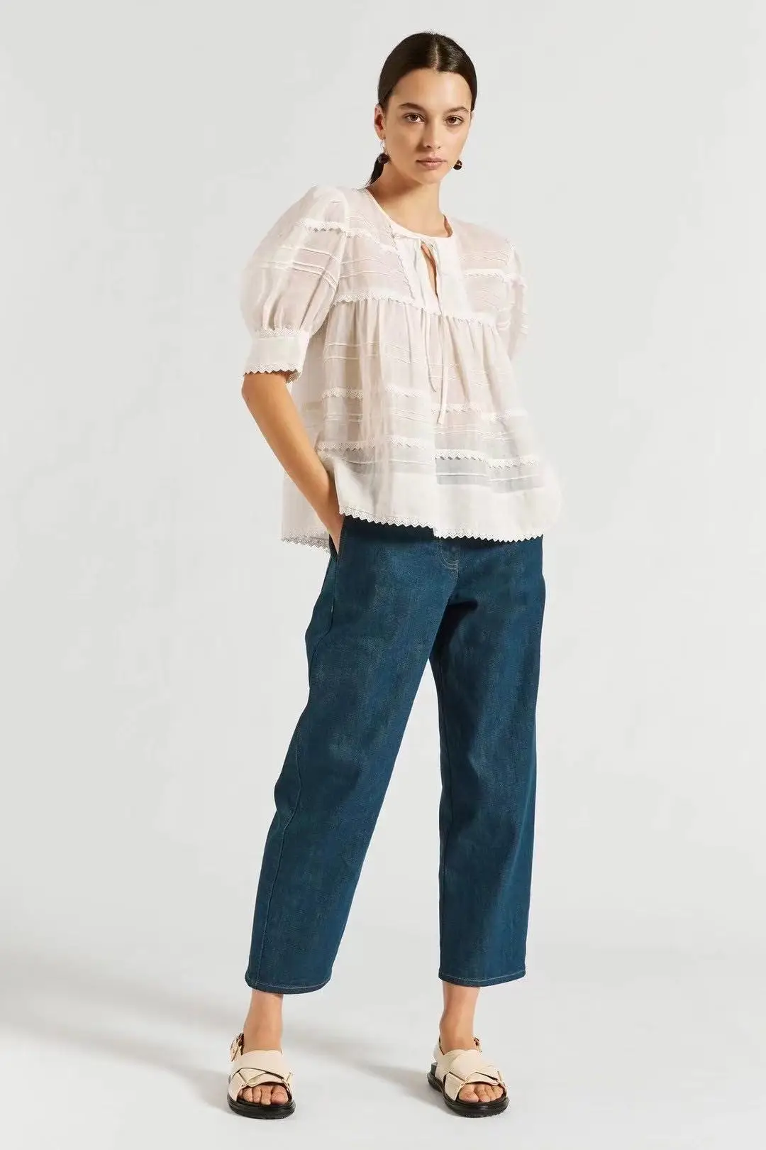 

Exquisite Embroidery women's White Ramie blouse Lace puff Sleeve Loose Thin lady Shirt Top