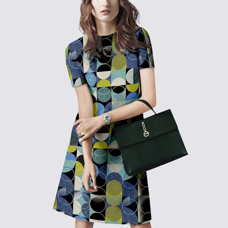 

2022 new fashion temperament printed short sleeve long dress slim A- line skirt