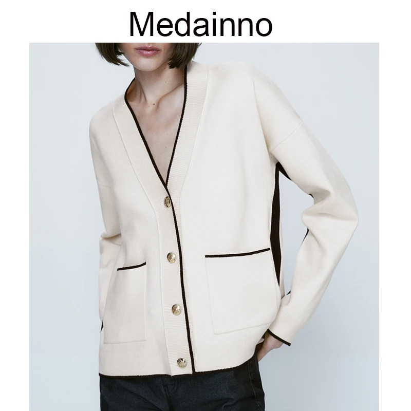 

Medainno 2023 Весенняя мода, новинка, Женский вязаный свитер с V-образным вырезом, повседневные облегающие элегантные кардиганы, простые женские ш...