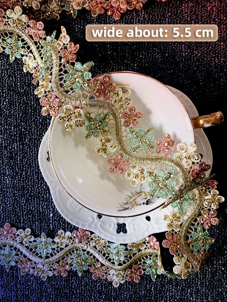 

5.5CM Wide Embroidered Sequins Flower Lace Trim for Needlework Wedding Dress Fringe Patches Fabric Material Sewing Accessories