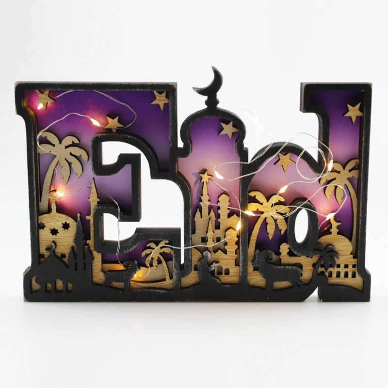 

2023 Wood Eid Mubarak Star Moon Words Led Lights Decor Muslim Islamic Festival Party DIY Decorations Ramadan Kareem Decoration