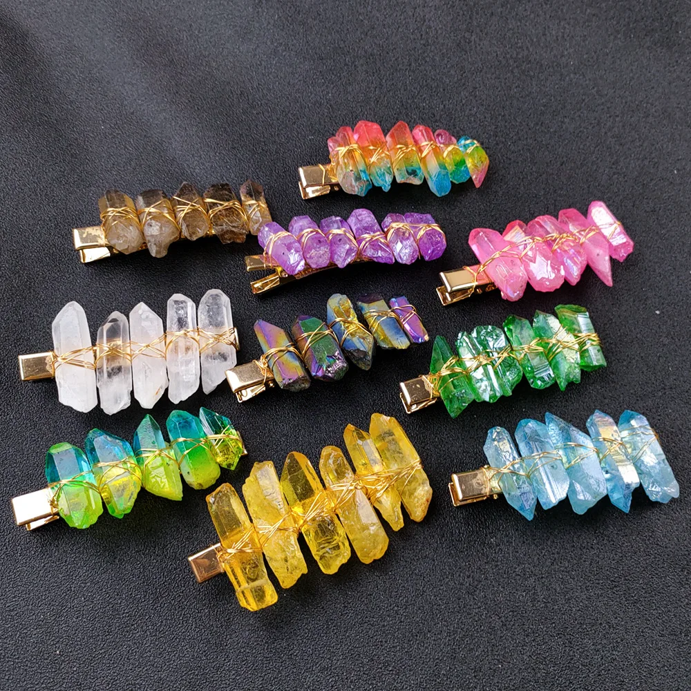 

YIZIZAI Irregular Crystal Barrette Natural Stones Bohemia Ponytail Clips for Women French Clip Rainbow Quartz Hair Accessories