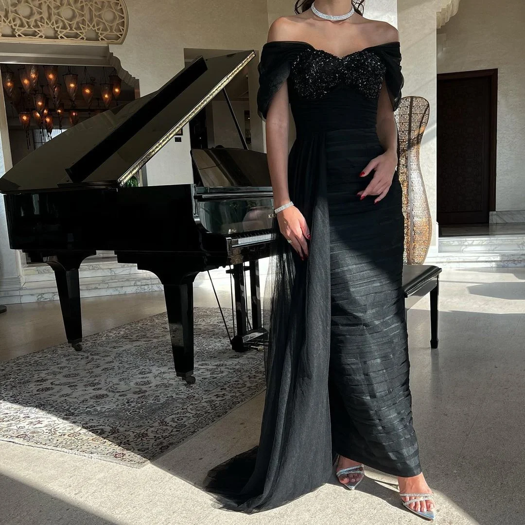

Dubai Black Beading Crystal Mermaid Evening Dresses Off the Shoulder Pleat Party Gowns A-Line Saudi Arabic Women Prom Gowns