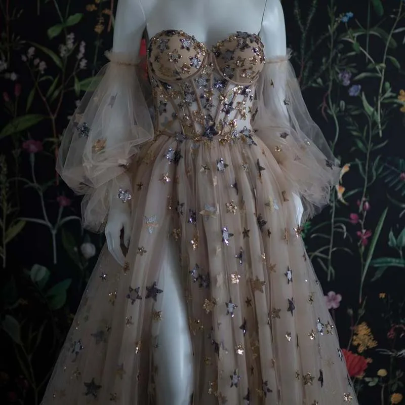 

A-Line Backless Star Sequin Detachable Sleeves Chiffon Dress High Slit Floor-length Sweetheart Neck A Train Elegant Party Gown