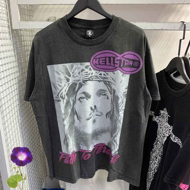 

Washed Do Old Hellstar T-shirts European American Pop Rapper Print Roundneck Short Sleeve High Quality Cotton Top Tee