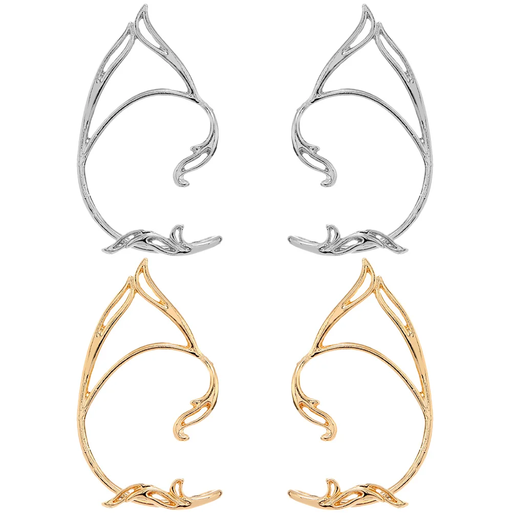 

2 Pairs Elf Earrings Cuffs Women Non Crystal Crawl Silver Alloy Full Man Jewelry