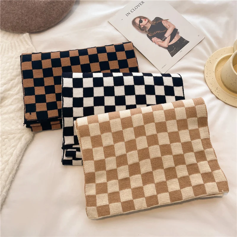 

New Knitted Skinny Scarf for Women Fashion Plaid Woolen Yarn Neckerchief Korean Style Winter Warm Travel Bufanda Foulard 2022